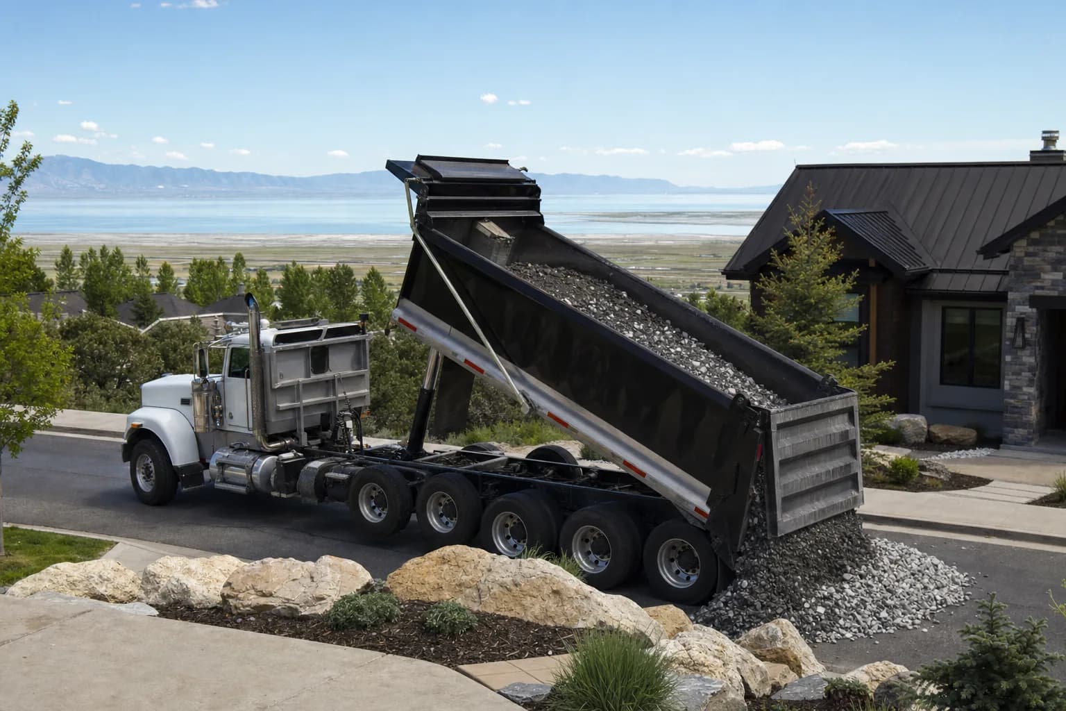 Dump truck delivering gravel to a residential property